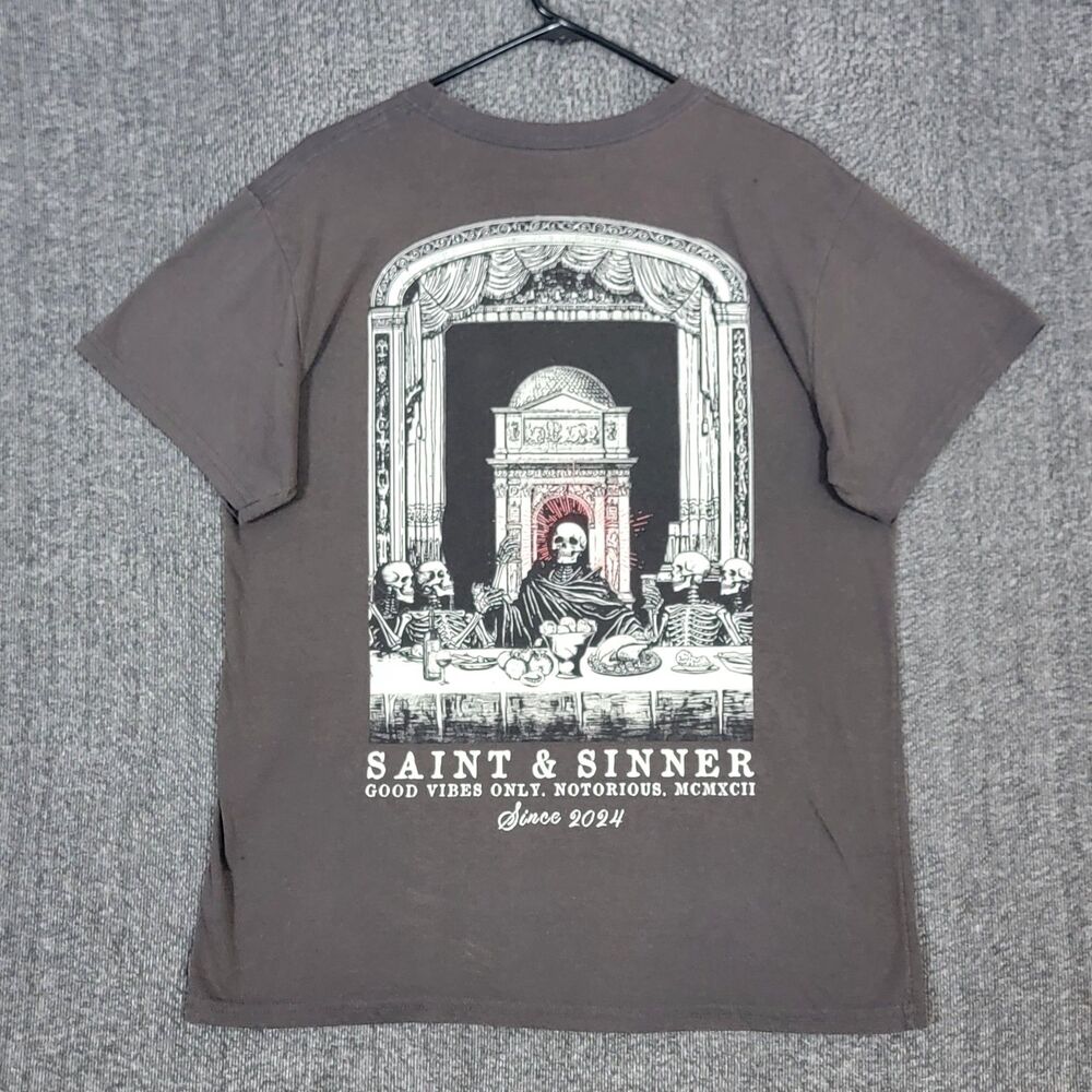 Fresh Laundry T-Shirt Mens L Brown Saint & Sinner Skeleton Distressed Punk Tee